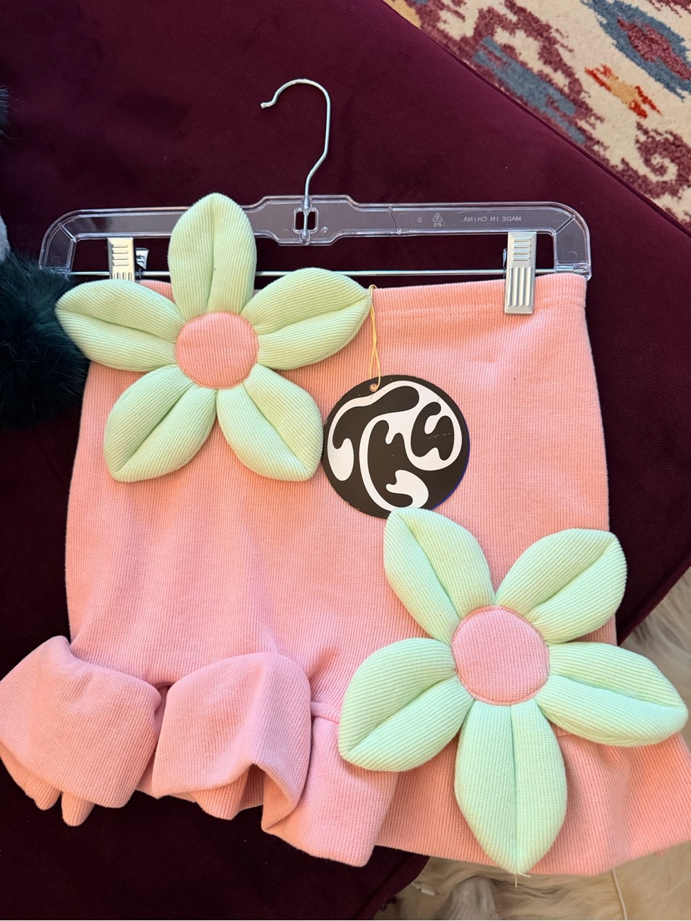 Playful Pink Mini Skirt with Mint Floral Appliqués